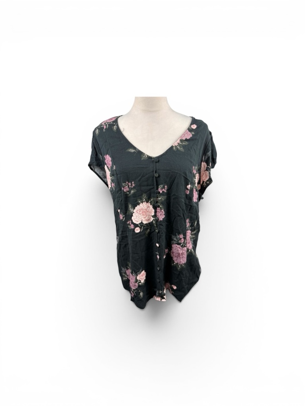 torrid Black V-Neck Top with Pink Floral Print size 2-2X/18-20